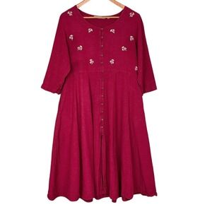 Boho Fuchsia Flower Embroidered Button Up Midi Dress Size M Festival Cottagecore